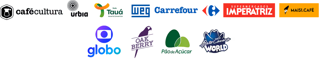 Marcas que usam totens Melhoretec: Café Cultura, Urbia, Rede Tauá, WEG, Carrefour, Supermercados Imperatriz, Mais1.Café, Globo, Oakberry, Pão de Açúcar e Beto Carrero World.