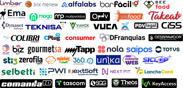 Sistemas de gestão e PDV integrados à Melhoretec: Limber Software, Linx Menew, Alfalabs, barFácil, Bee Food, Ema, Mogo, Multipedidos, Opdv, Sisfood, Takeat, Dynaset Software, Teknisa, Viavox, Vuca, xmenu, PDVlegal, CiSS, Colibri, CPlug, Consumer, DFranquias, Desbravador, 3LM Informática, Biz Food, Gourmetsa, MyTapp, Nola, Saipos, TOTVS, sti3, Zerofila, Mister Cheff, 360 Automações, Unika, Cardápio Web, Siclop, Selbetti, PWI Sistemas, NextSoft, Next Fit, LancheCard, Comanda10, Tascom, SQG, Theòs e KeyAccess.
